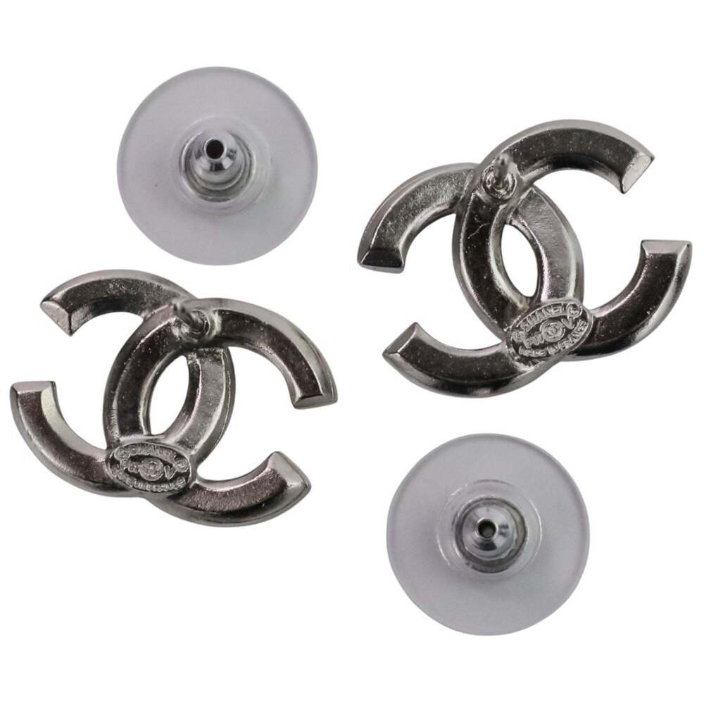 CHANEL Authentic Silver Logo Earrings - Picture 11 of 15